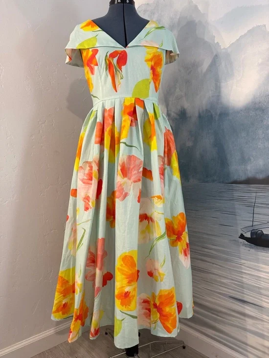 Floral Mint Green Midi Dress with Yellow & Coral Blooms #149 - Picture 2 of 10